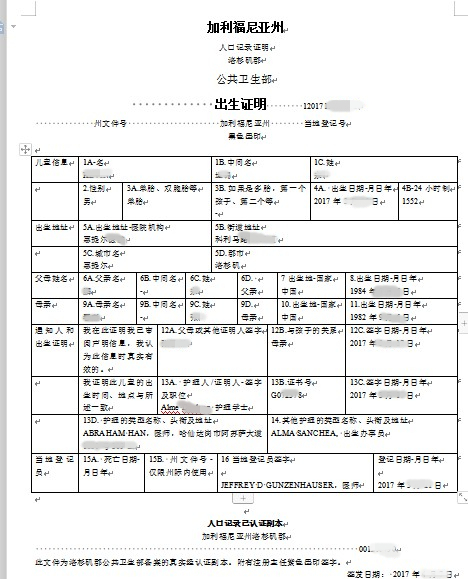 美國出生證明翻譯 美國出生證明翻譯
