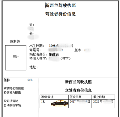 新西蘭駕照翻譯模板