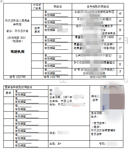 阿爾及利亞駕照翻譯模板