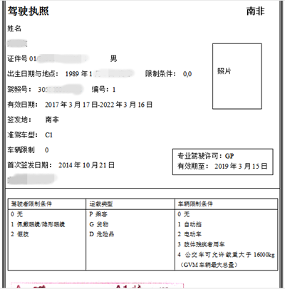 南非駕照翻譯模板